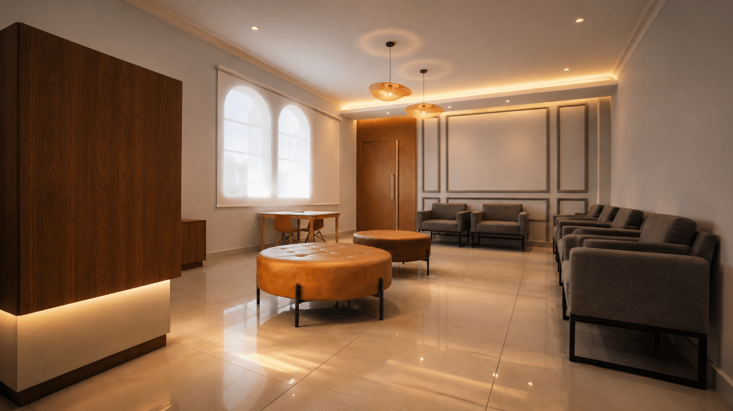 Sala de espera moderna e confortável da Clínica Sorridi em Indaiatuba